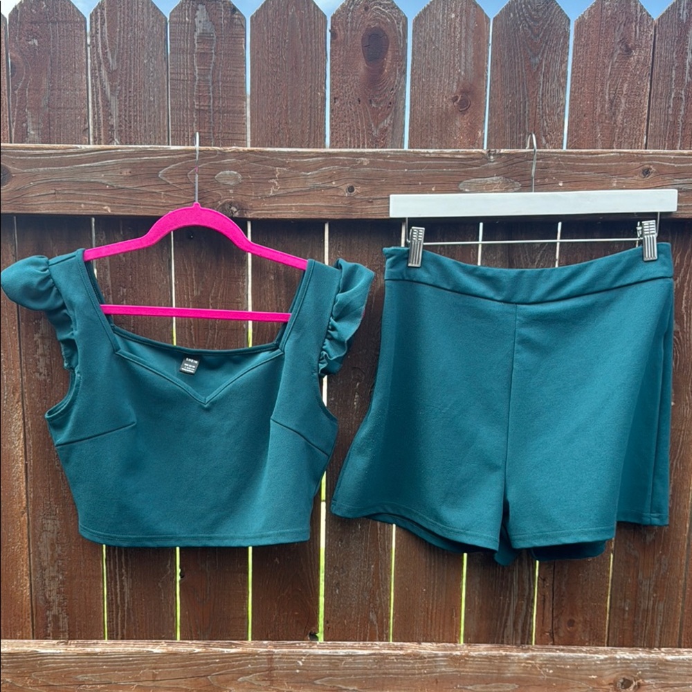 SHEIN Green V-Neck Top & Shorts Set